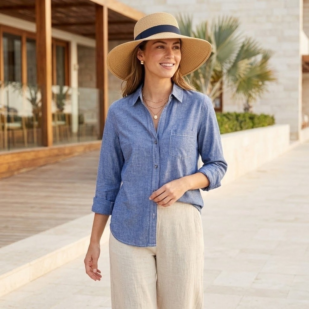 DKNY Linen Blend Shirt Womens Small Petite Blue Chambray Roll‎ Tab Resort Blouse